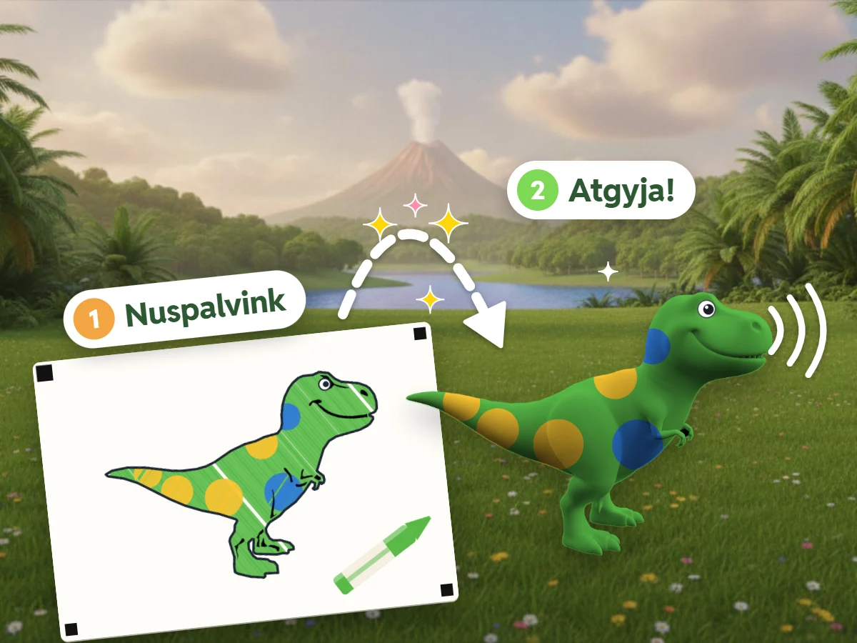 Dinozaurų slėnis: vaikų nuspalvinti dinozaurai slėnyje