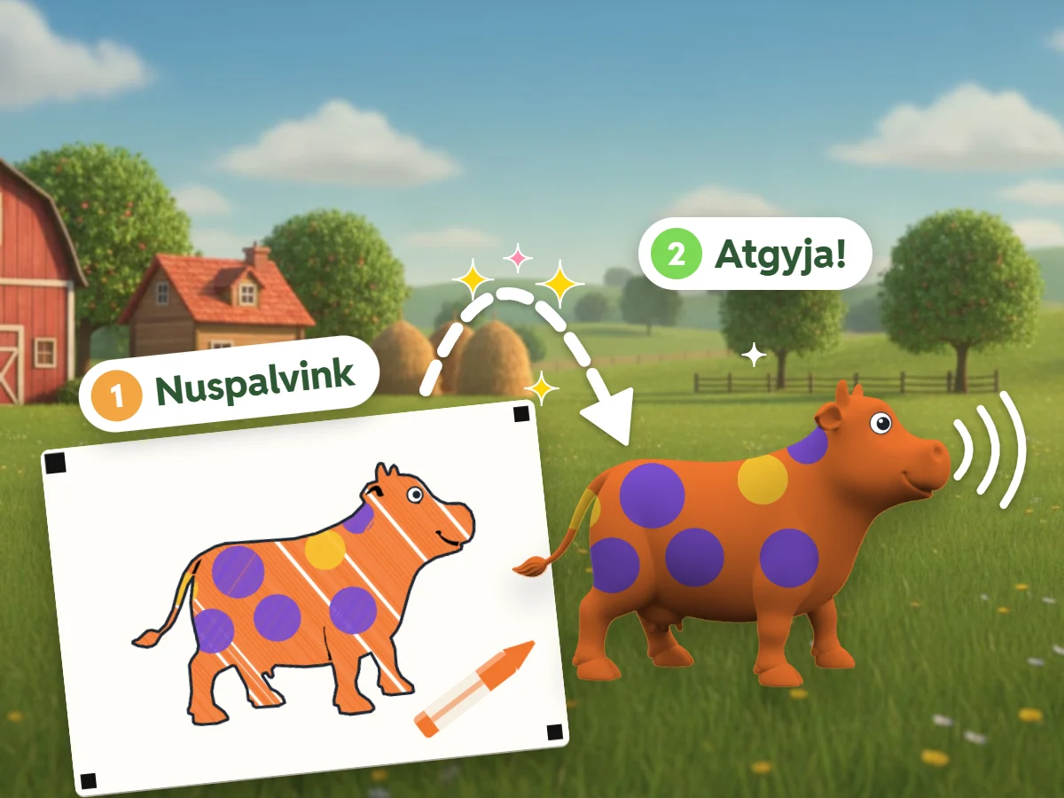 Ūkio kiemas: vaikų nuspalvinti gyvūnai vaikšto kieme